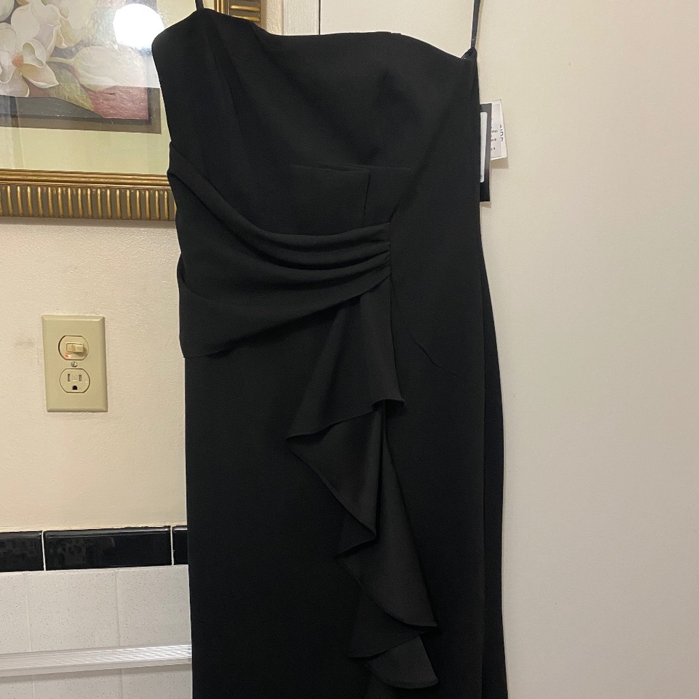 NWT Betsy & Adam BLACKRuffle Cascade Front Scuba Trumpet Strapless Dress-Size 12 - Picture 6 of 10